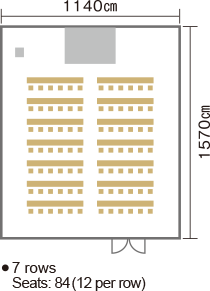 Width: 1,140 cm, length: 1,570 cm, rows: 7, seats: 84 (12 per row).