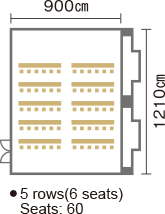 Width: 900 cm, length: 1,210 cm, rows: 5 rows of 6 seats x 2: 60 seats in total