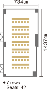 Width: 734 cm, length: 1,437 cm, rows: 7, seats: 42