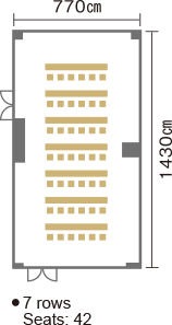 Width: 770cm, length: 1430cm, rows: 7, seats: 42