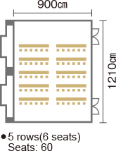 Width: 900 cm, length: 1,210 cm, rows: 5 rows of 6 seats x 2: 60 seats in total