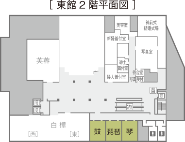 [東館2階平面図]左から[鼓][琵琶][琴]の順に並ぶ