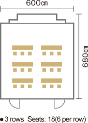 Width: 600 cm, length: 680 cm, rows: 3, seats: 18 (6 per row).